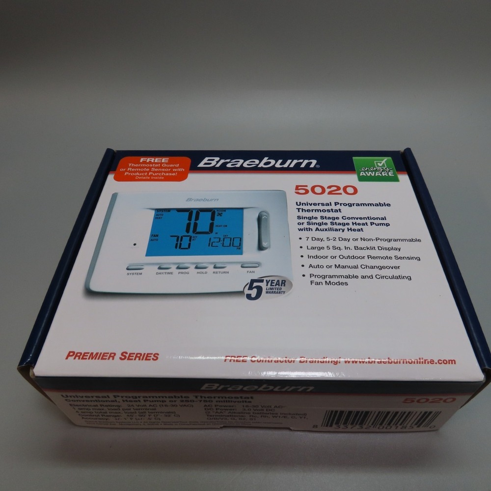 Braeburn 5020 Universal 7-Day Programmable Thermostat 2‎ Heat/ 1 Cool Heat Pump